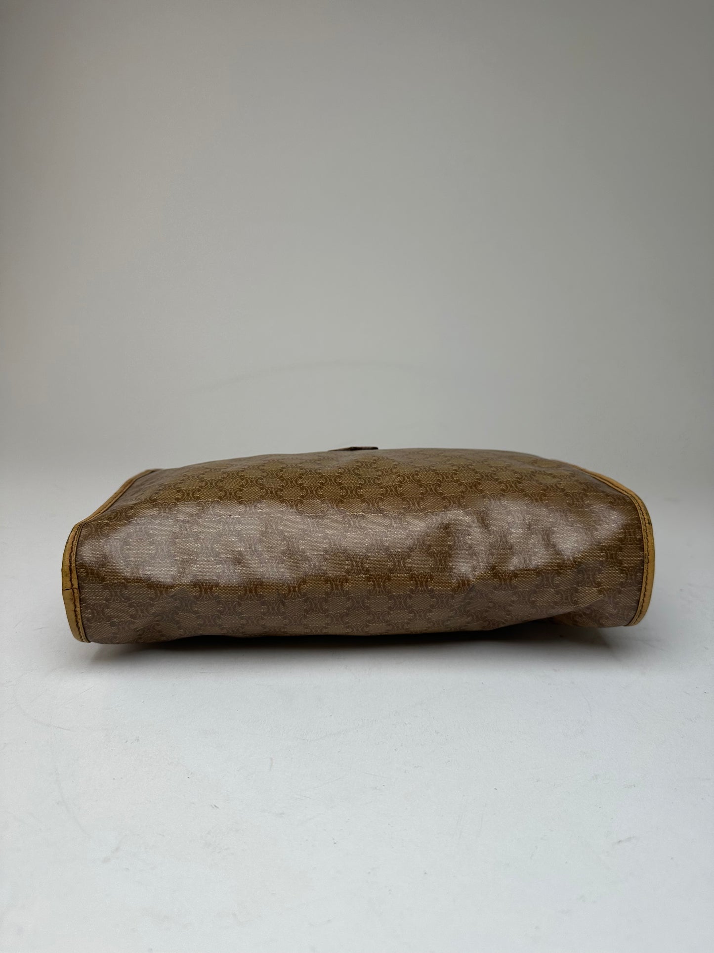 Vintage Celine Triomphe Monogram Leather Clutch Beige Gold Brown