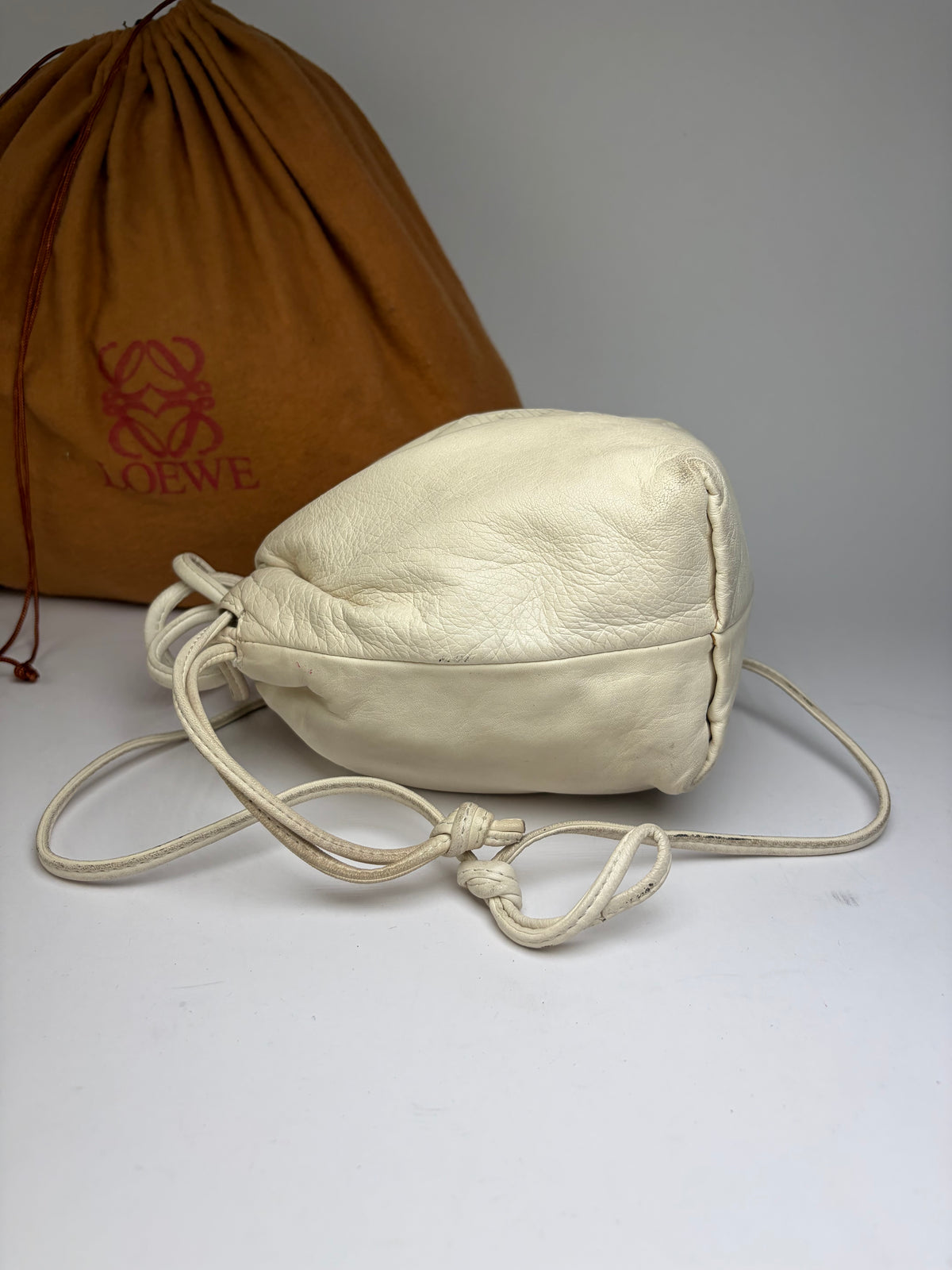 Vintage Loewe Textured Leather Drawstring Bag Late 1990s Off-White