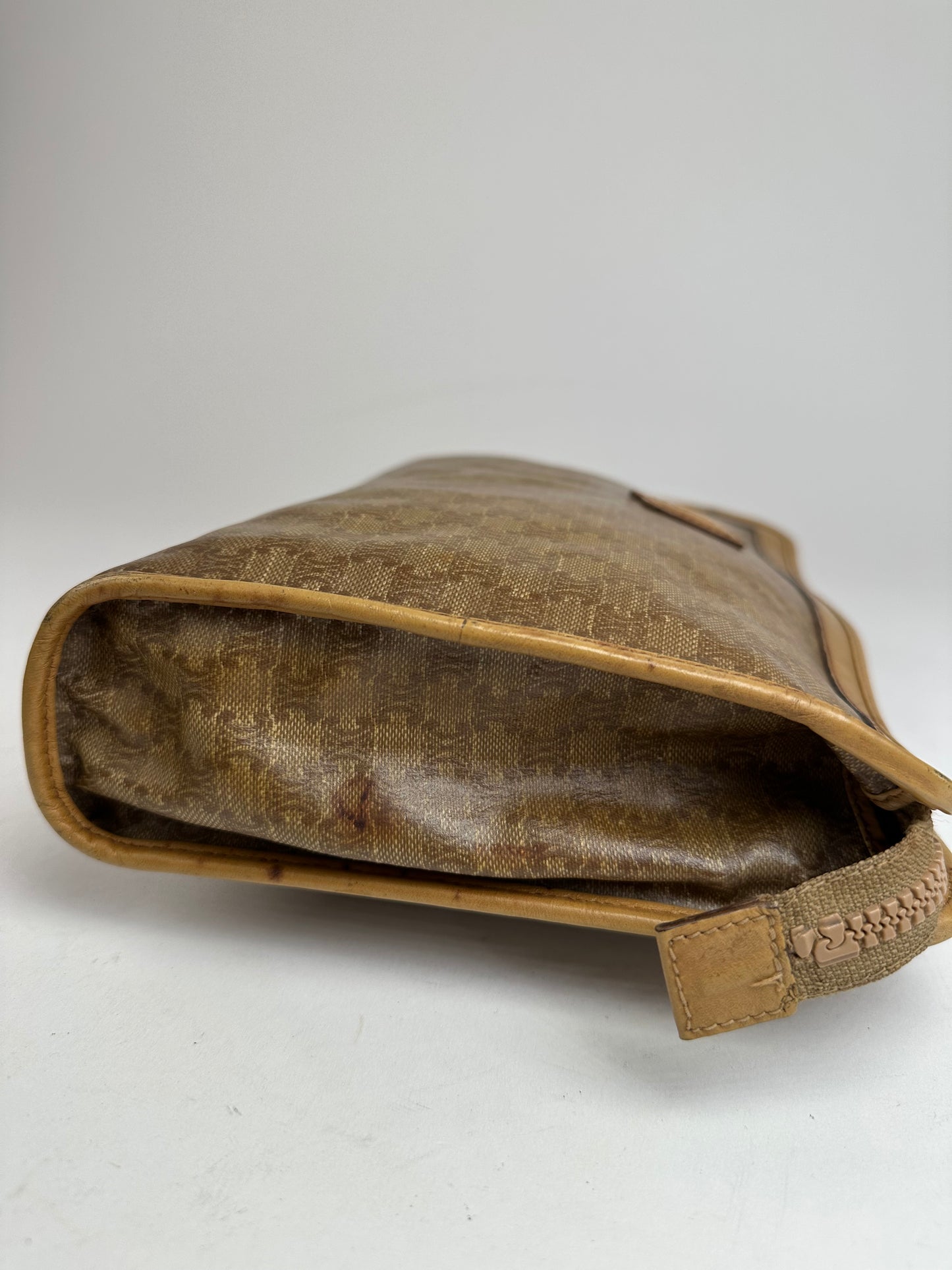 Vintage Celine Triomphe Monogram Leather Clutch Beige Gold Brown