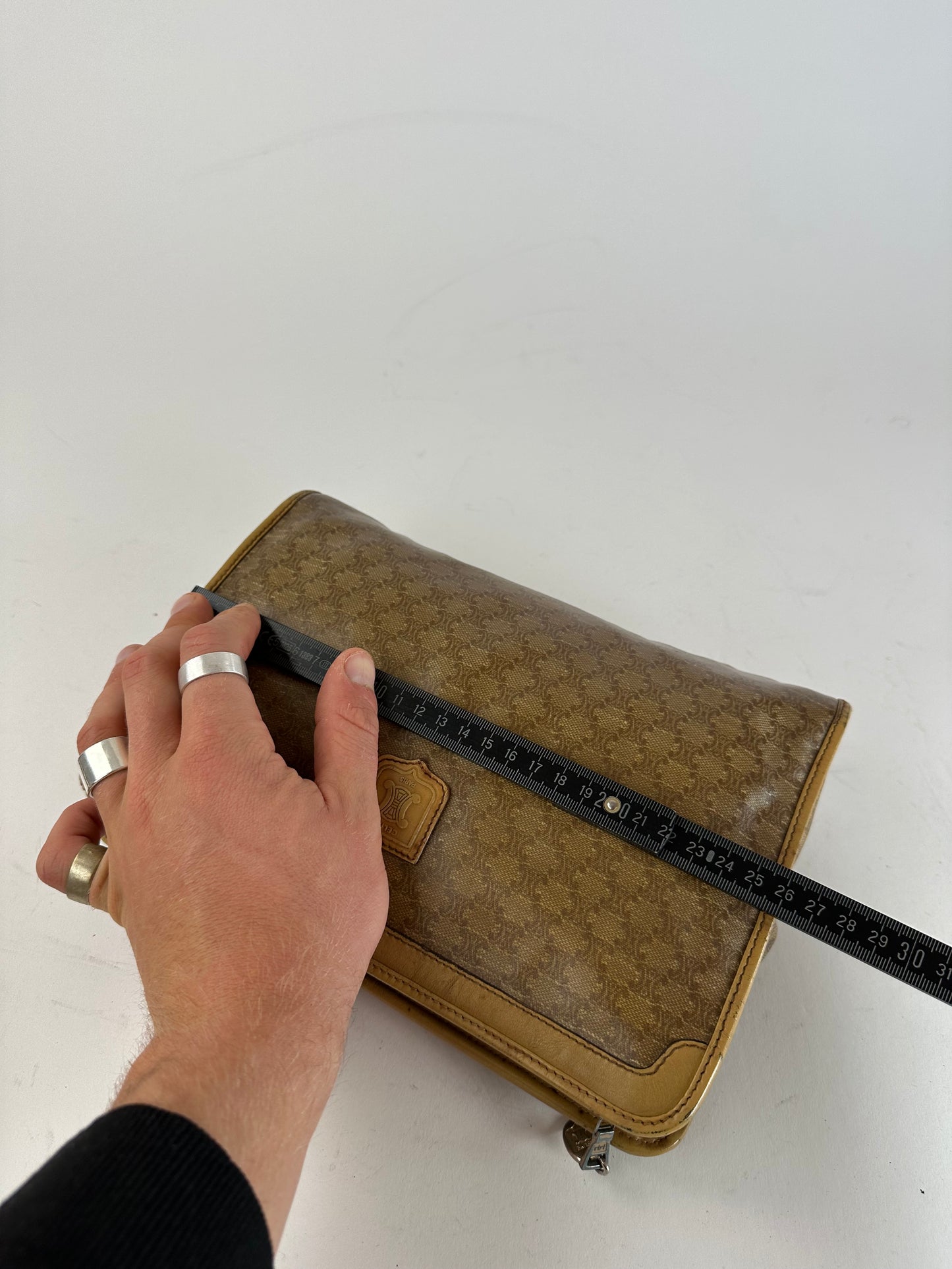 Vintage Celine Triomphe Monogram Leather Clutch Beige Gold Brown