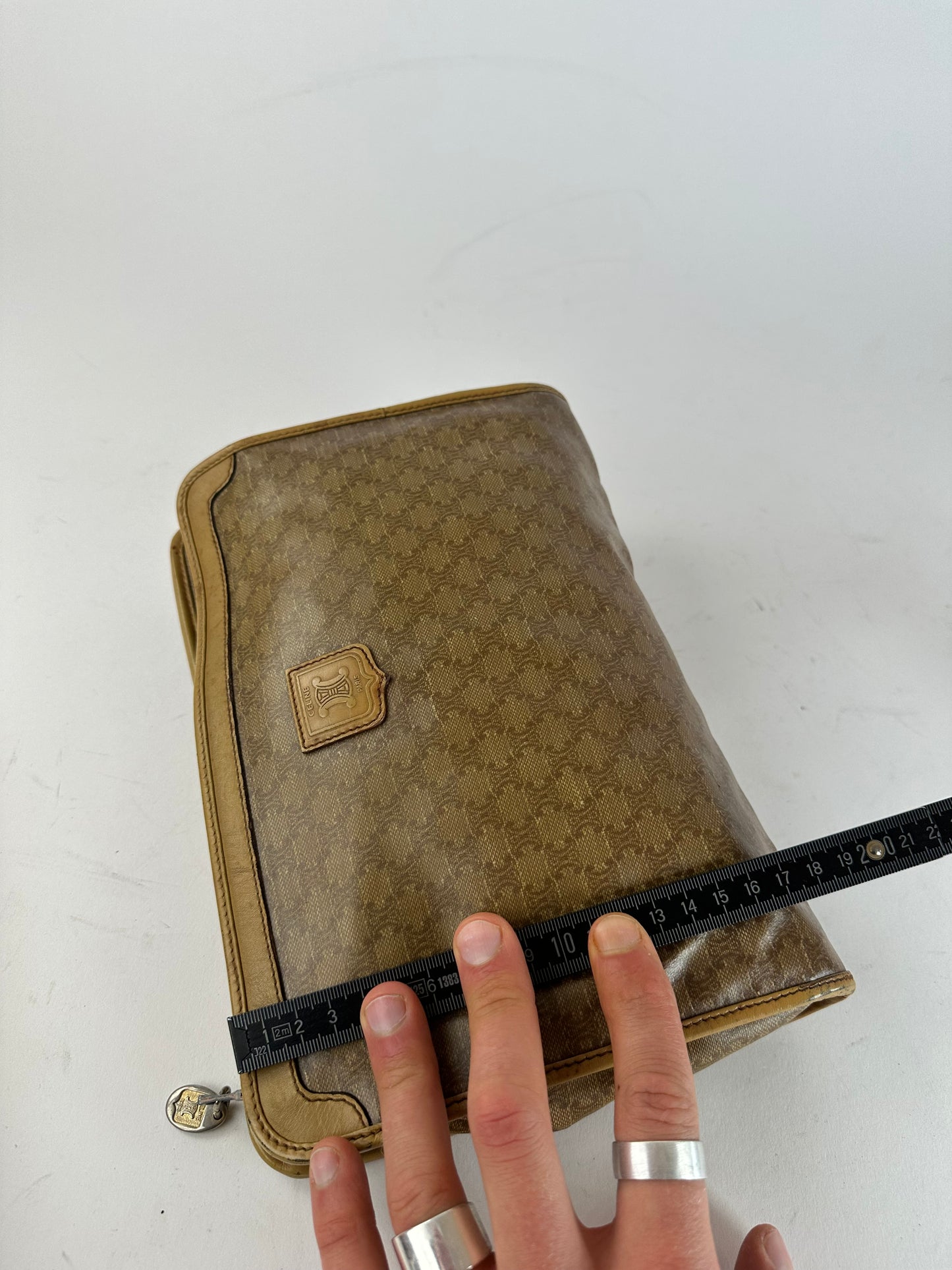 Vintage Celine Triomphe Monogram Leather Clutch Beige Gold Brown