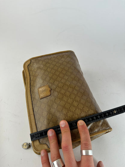 Vintage Celine Triomphe Monogram Leather Clutch Beige Gold Brown