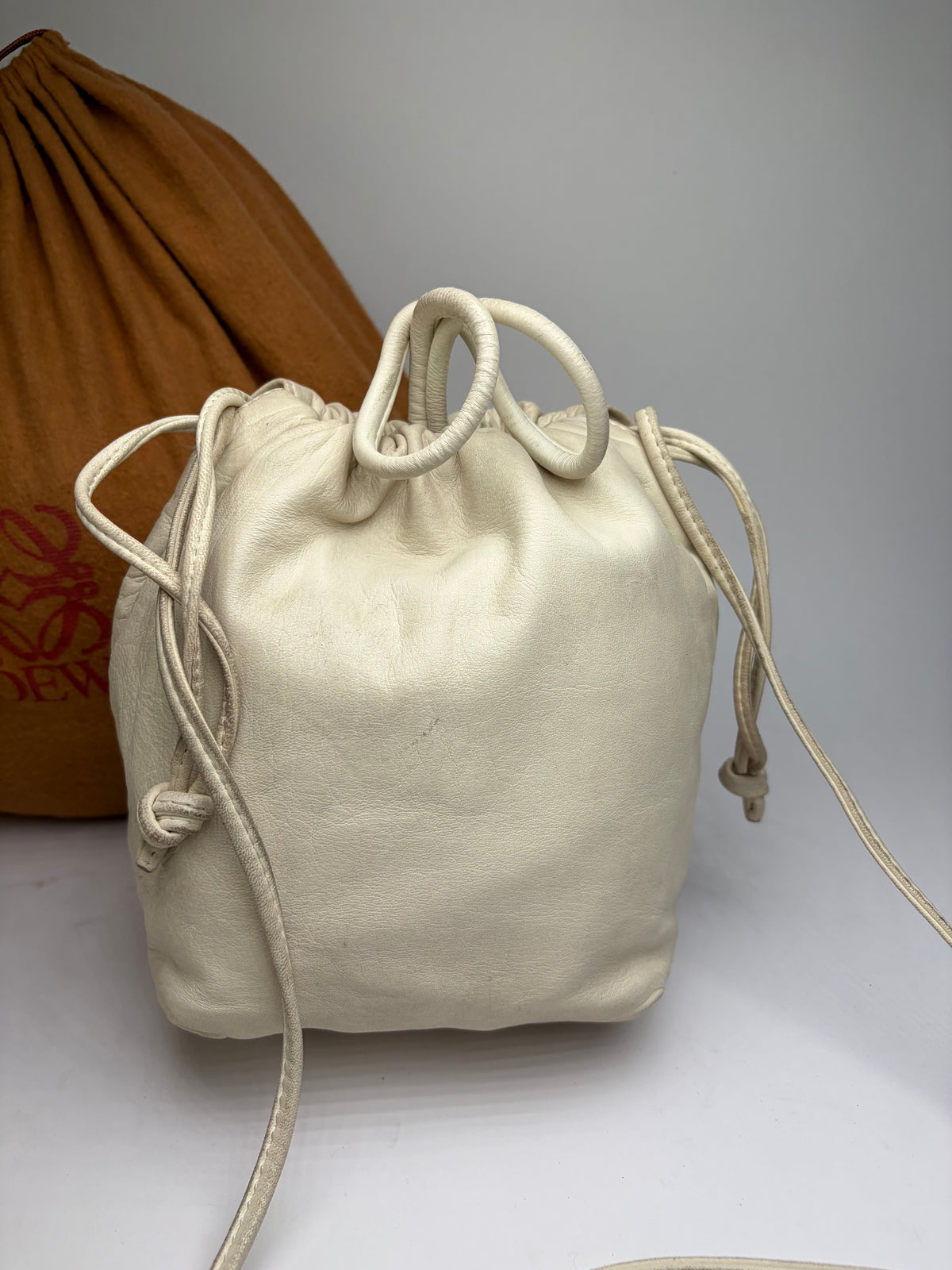 Vintage Loewe Textured Leather Drawstring Bag Late 1990s Off-White