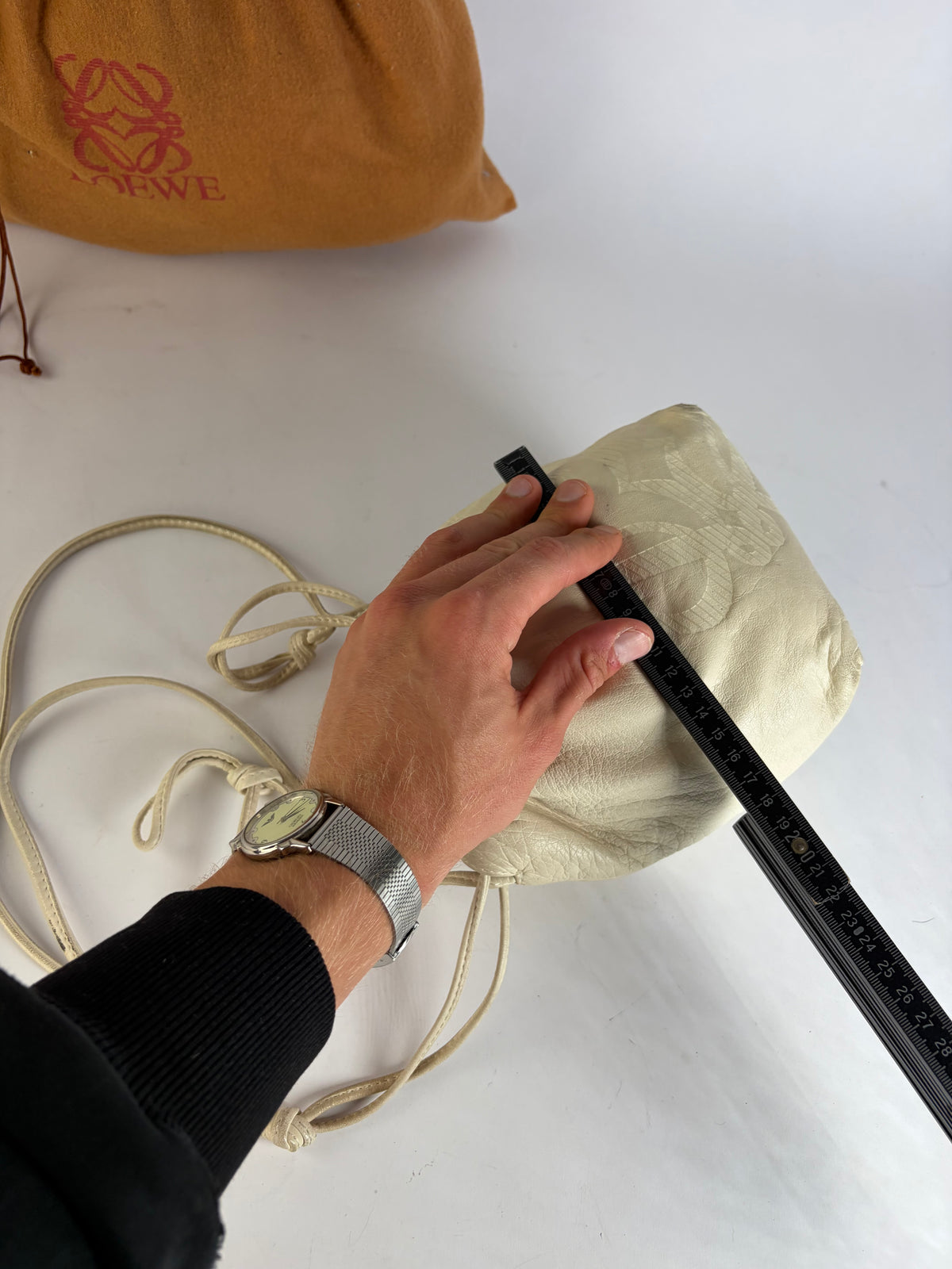 Vintage Loewe Textured Leather Drawstring Bag Late 1990s Off-White