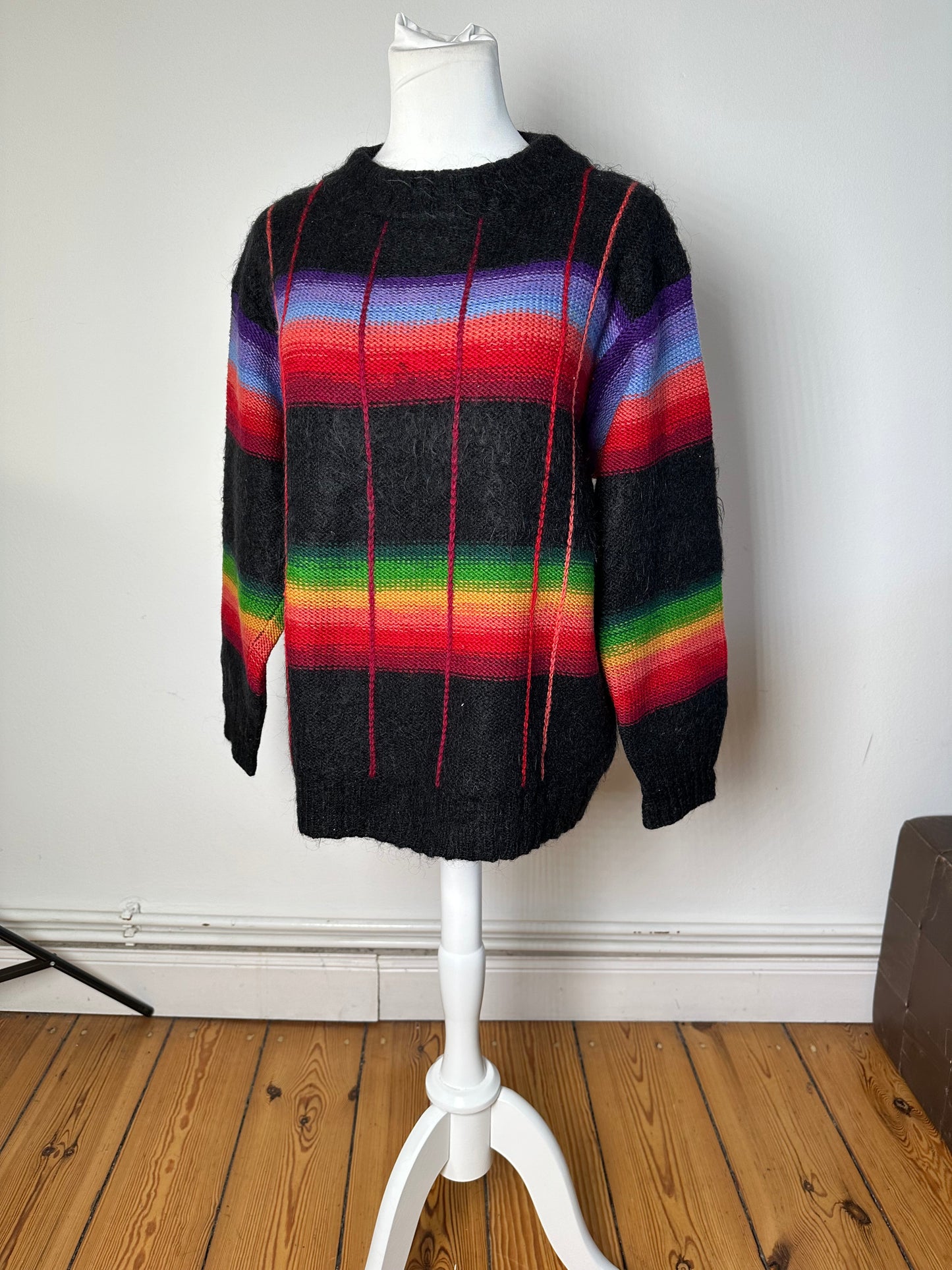 Vintage Kansai Yamamoto Rainbow Stripe Wool Knit Pullover Black Multicolour M
