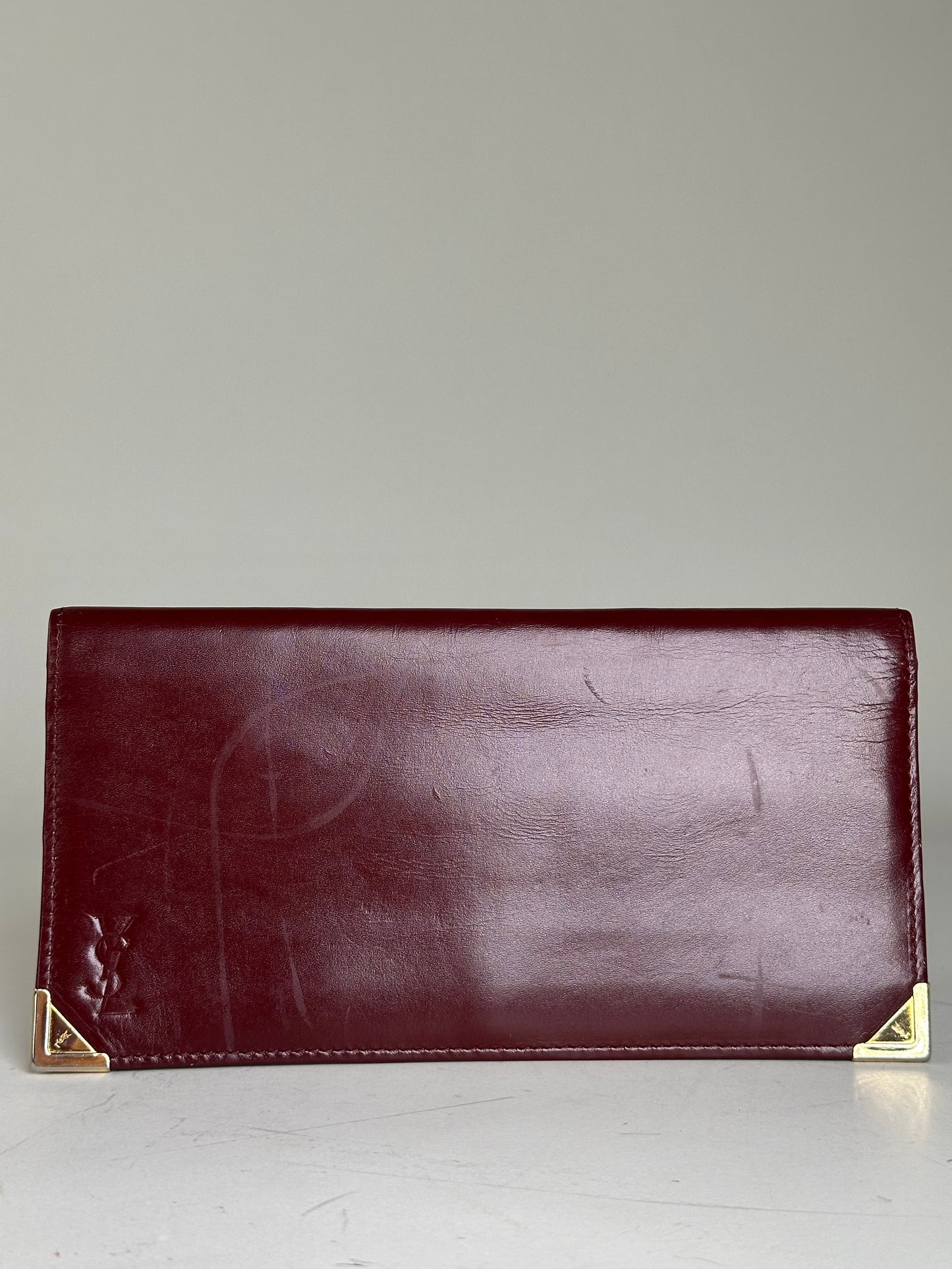 Vintage Yves Saint Laurent Full Grain Leather Wallet Burgundy Gold