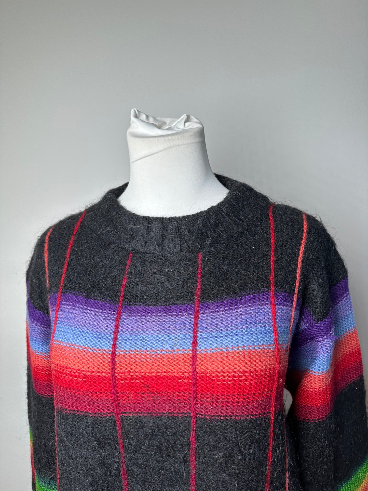 Vintage Kansai Yamamoto Rainbow Stripe Wool Knit Pullover Black Multicolour M