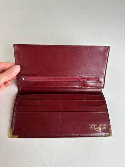 Vintage Yves Saint Laurent Full Grain Leather Wallet Burgundy Gold