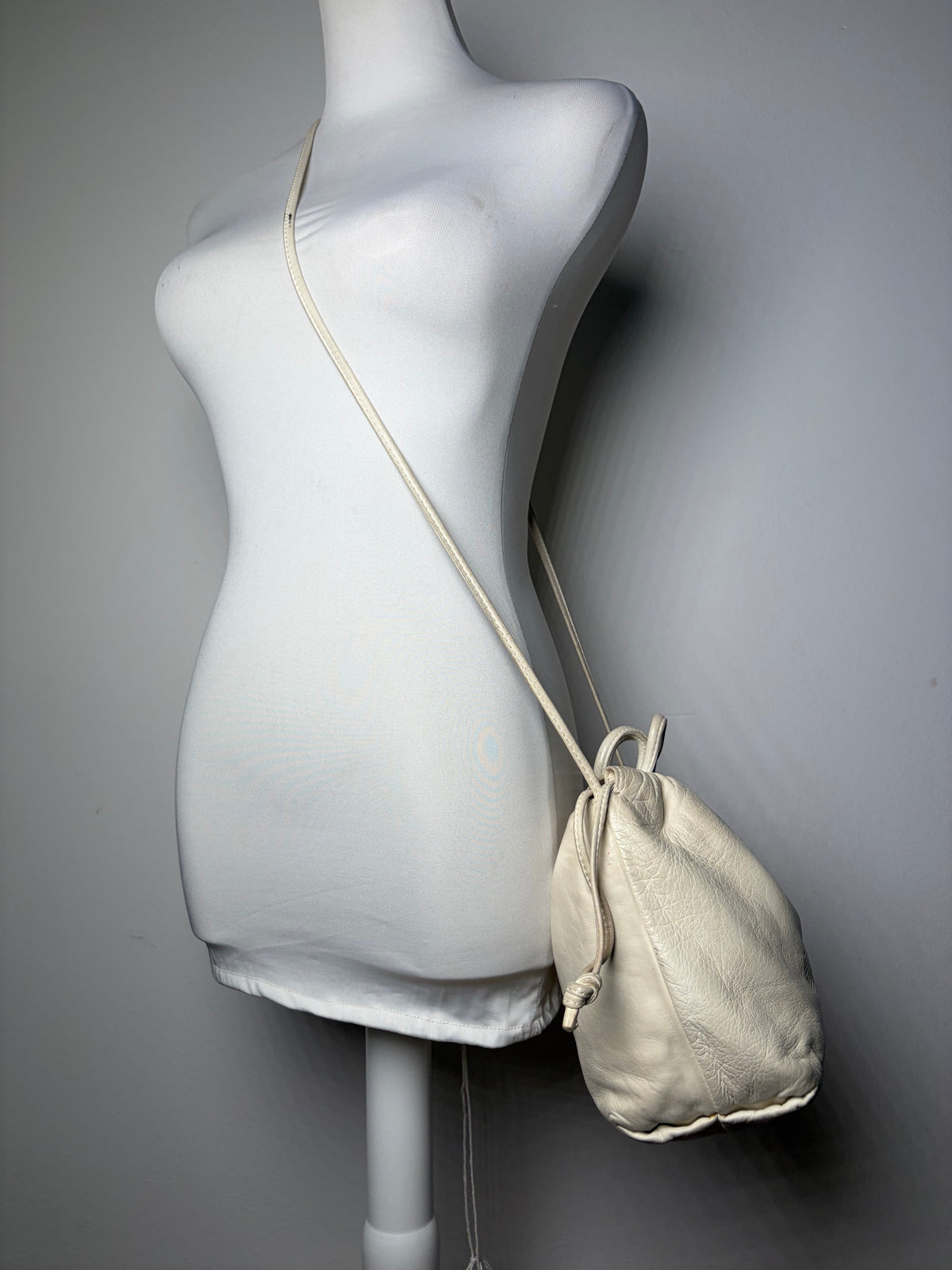 Vintage Loewe Textured Leather Drawstring Bag Late 1990s Off-White
