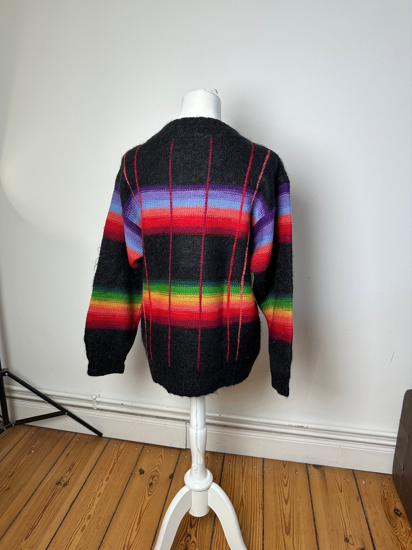Vintage Kansai Yamamoto Rainbow Stripe Wool Knit Pullover Black Multicolour M