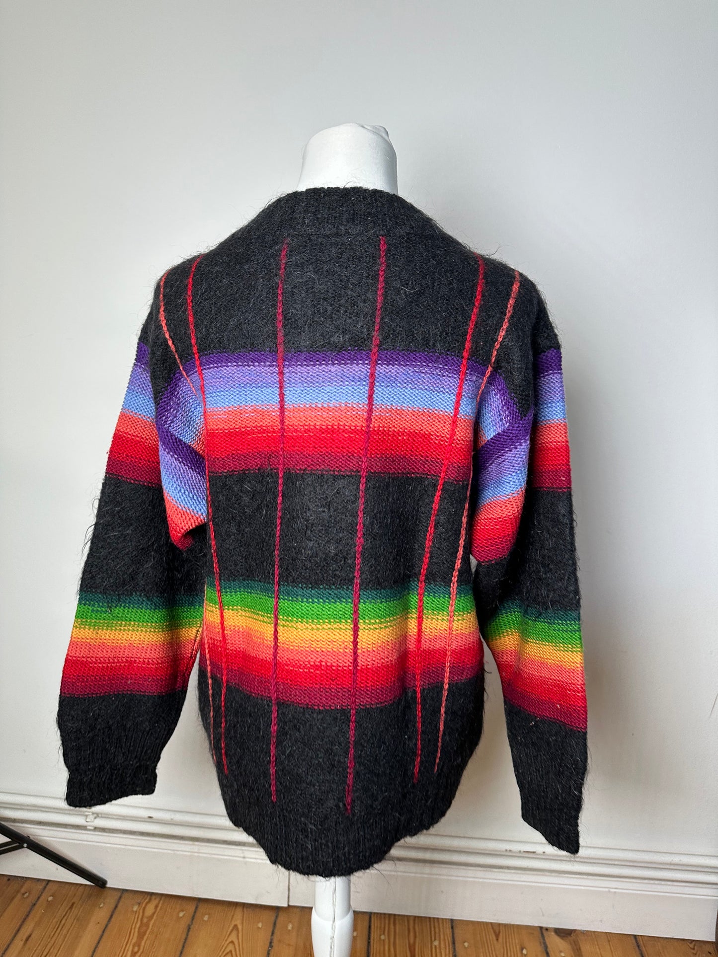 Vintage Kansai Yamamoto Rainbow Stripe Wool Knit Pullover Black Multicolour M