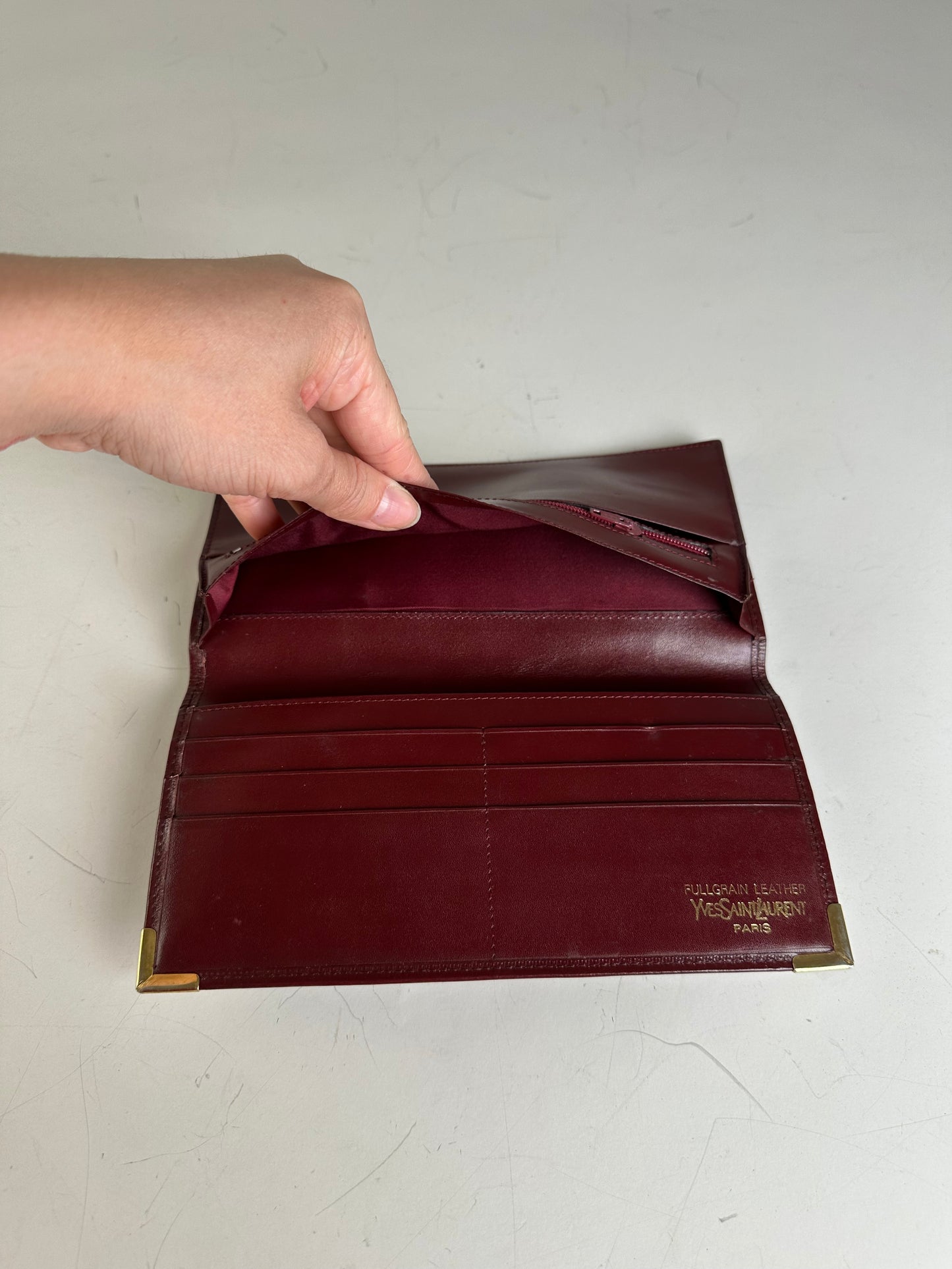 Vintage Yves Saint Laurent Full Grain Leather Wallet Burgundy Gold