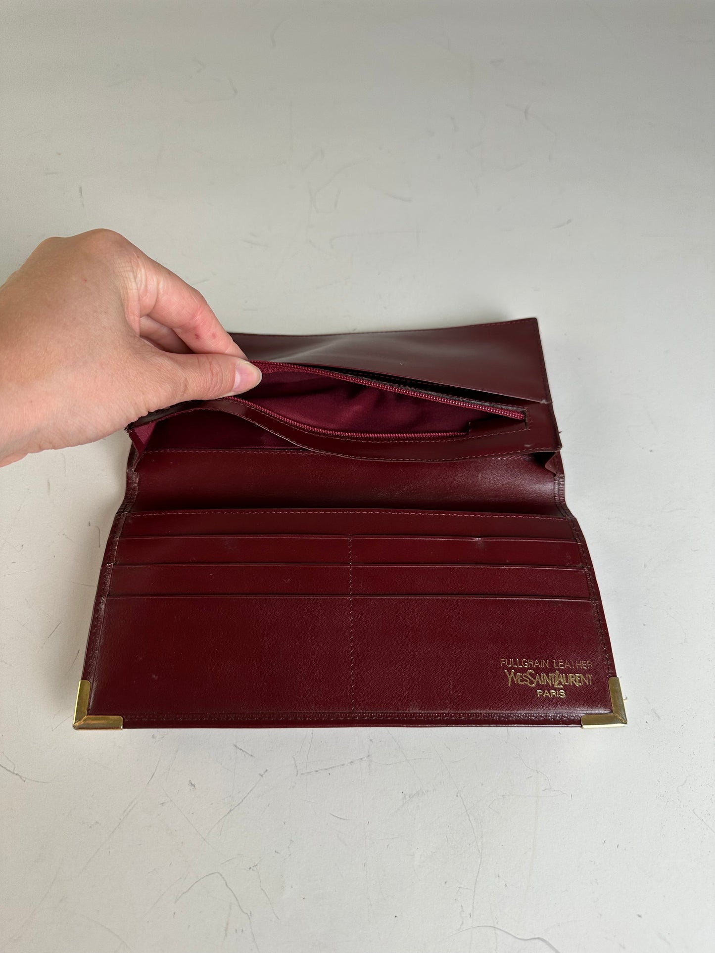 Vintage Yves Saint Laurent Full Grain Leather Wallet Burgundy Gold
