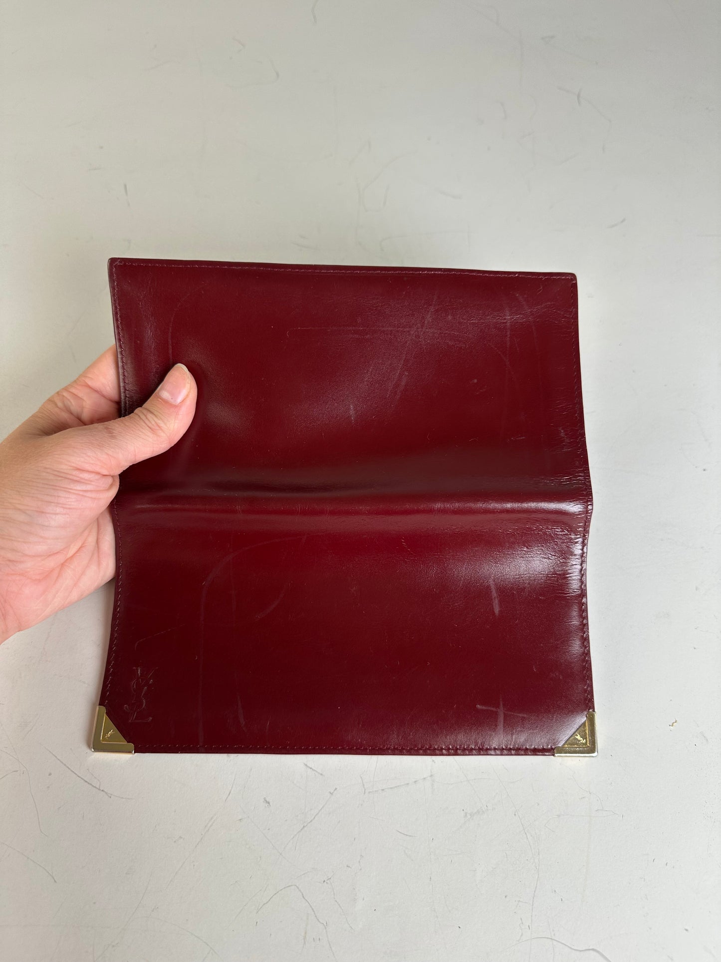 Vintage Yves Saint Laurent Full Grain Leather Wallet Burgundy Gold