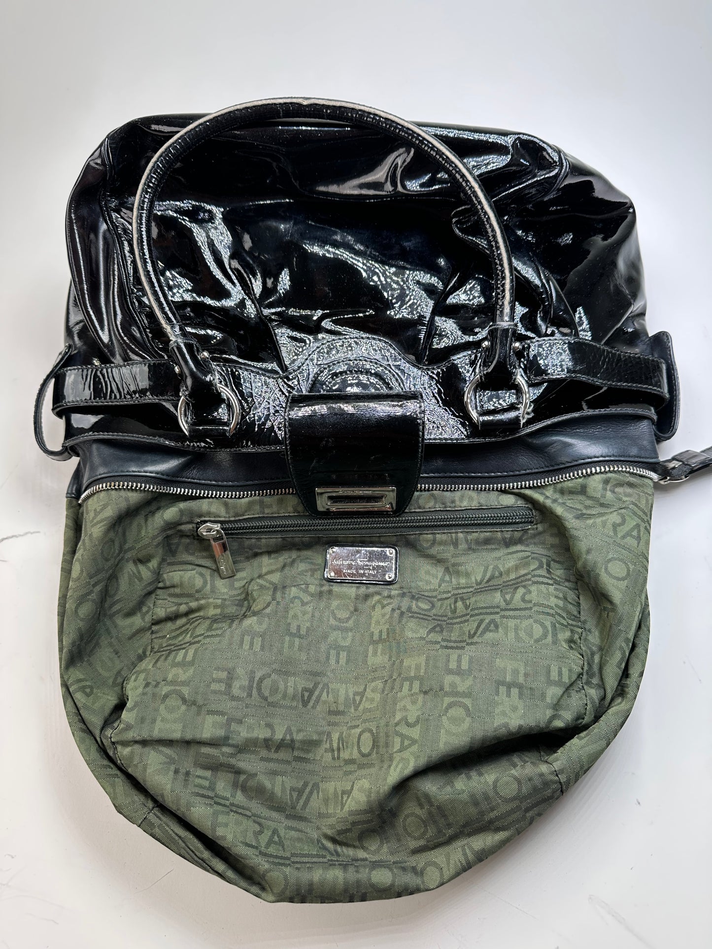 Vintage Ferragamo Sofia Patent Handbag Black Silver