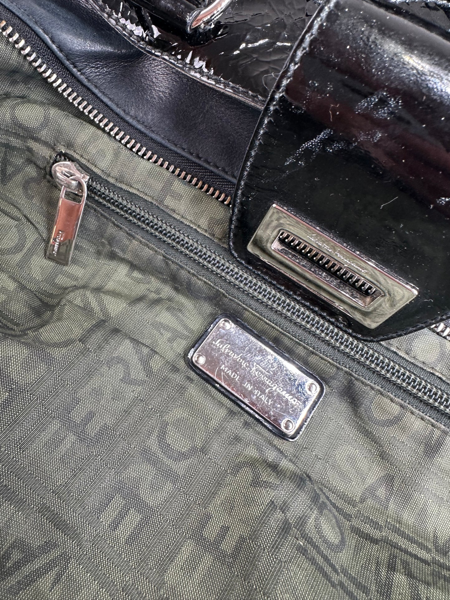 Vintage Ferragamo Sofia Patent Handbag Black Silver