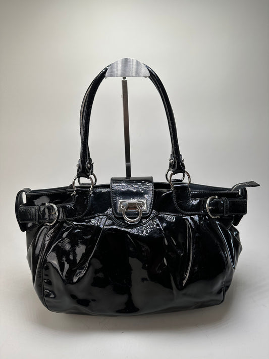 Vintage Ferragamo Sofia Patent Handbag Black Silver