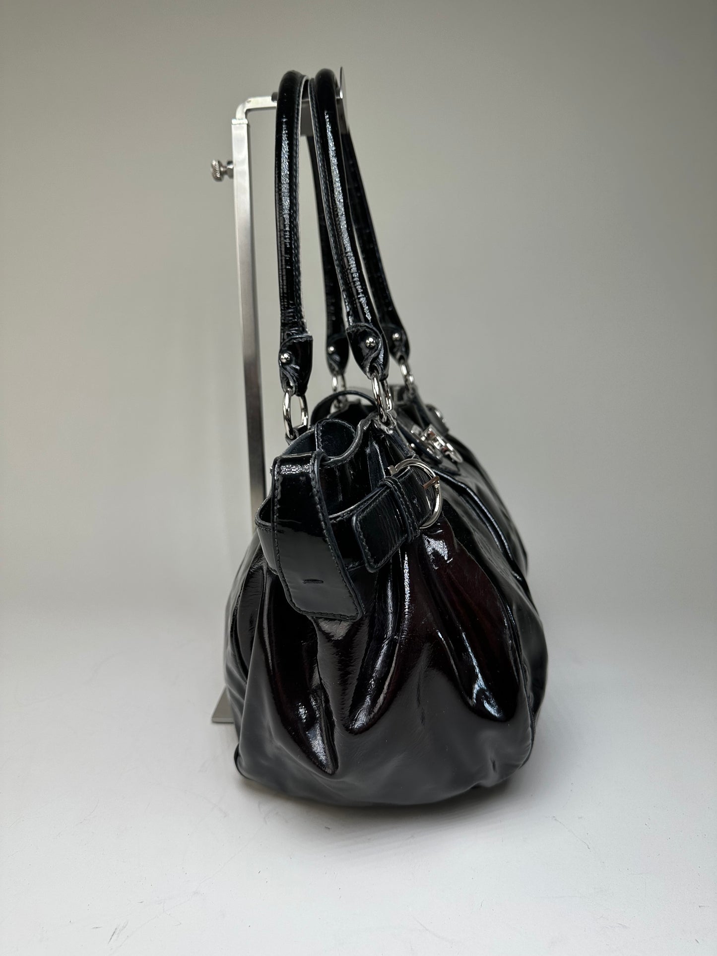 Vintage Ferragamo Sofia Patent Handbag Black Silver