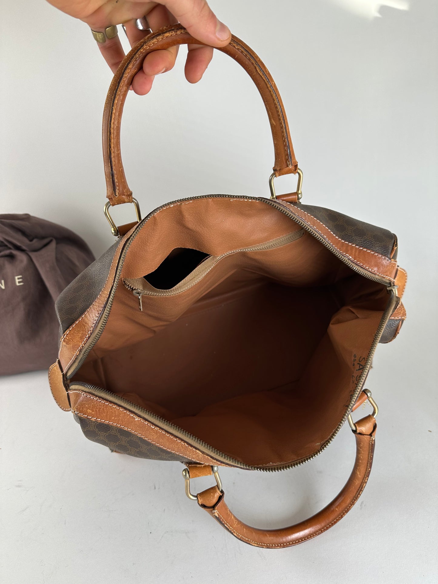 Vintage Celine Paris Triomphe Monogram Leather Duffel Bag Brown