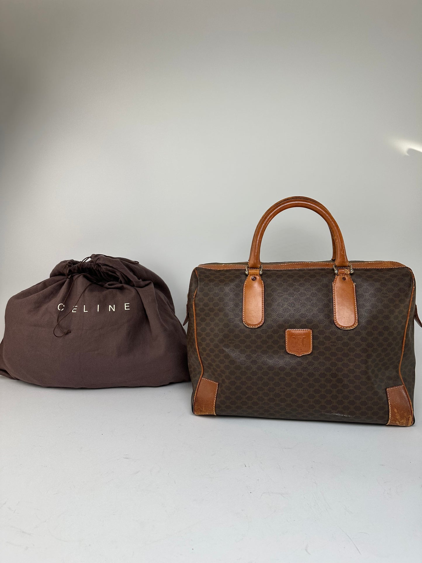 Vintage Celine Paris Triomphe Monogram Leather Duffel Bag Brown