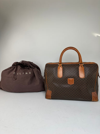 Vintage Celine Paris Triomphe Monogram Leather Duffel Bag Brown