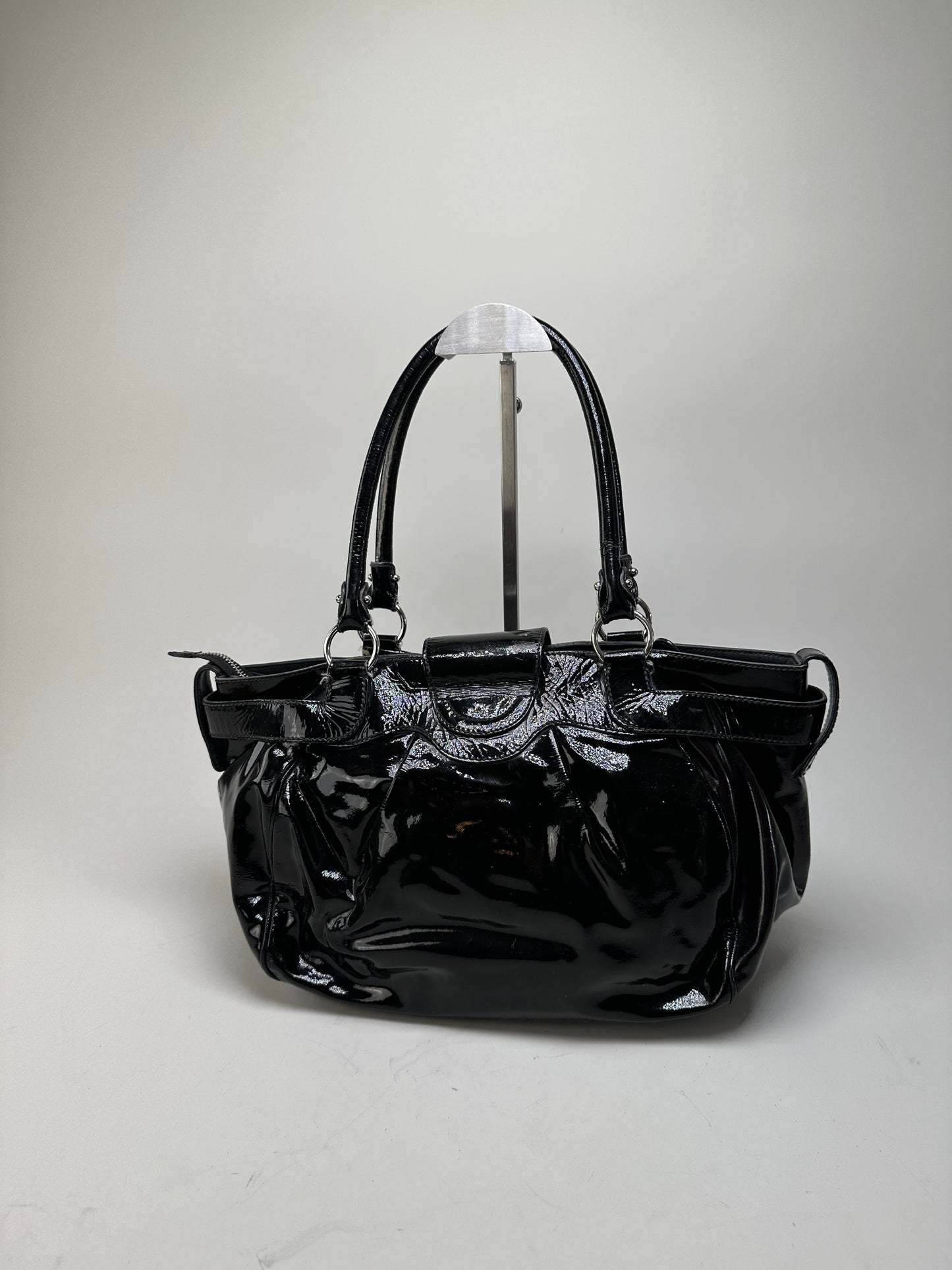Vintage Ferragamo Sofia Patent Handbag Black Silver