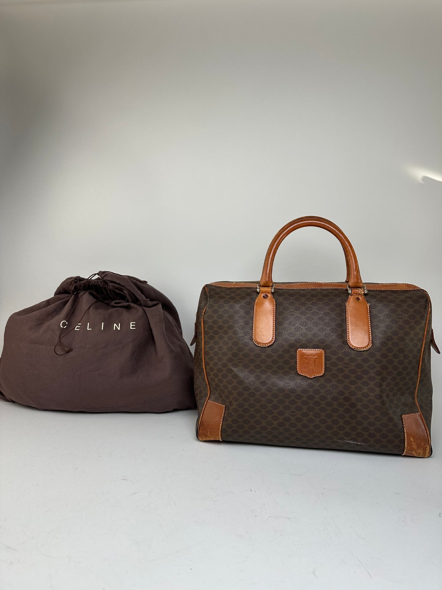 Vintage Celine Paris Triomphe Monogram Leather Duffel Bag Brown