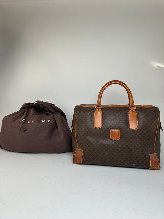 Vintage Celine Paris Triomphe Monogram Leather Duffel Bag Brown