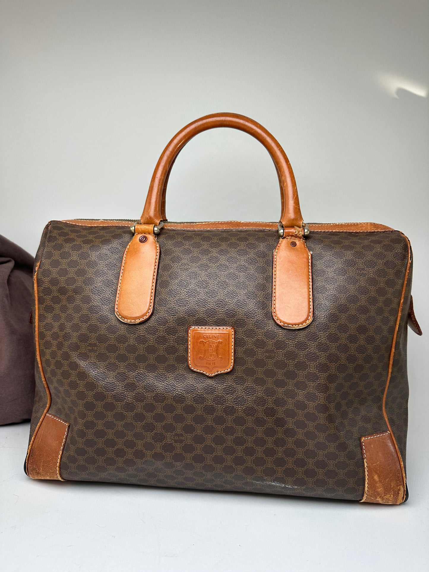 Vintage Celine Paris Triomphe Monogram Leather Duffel Bag Brown