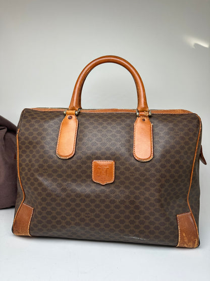 Vintage Celine Paris Triomphe Monogram Leather Duffel Bag Brown