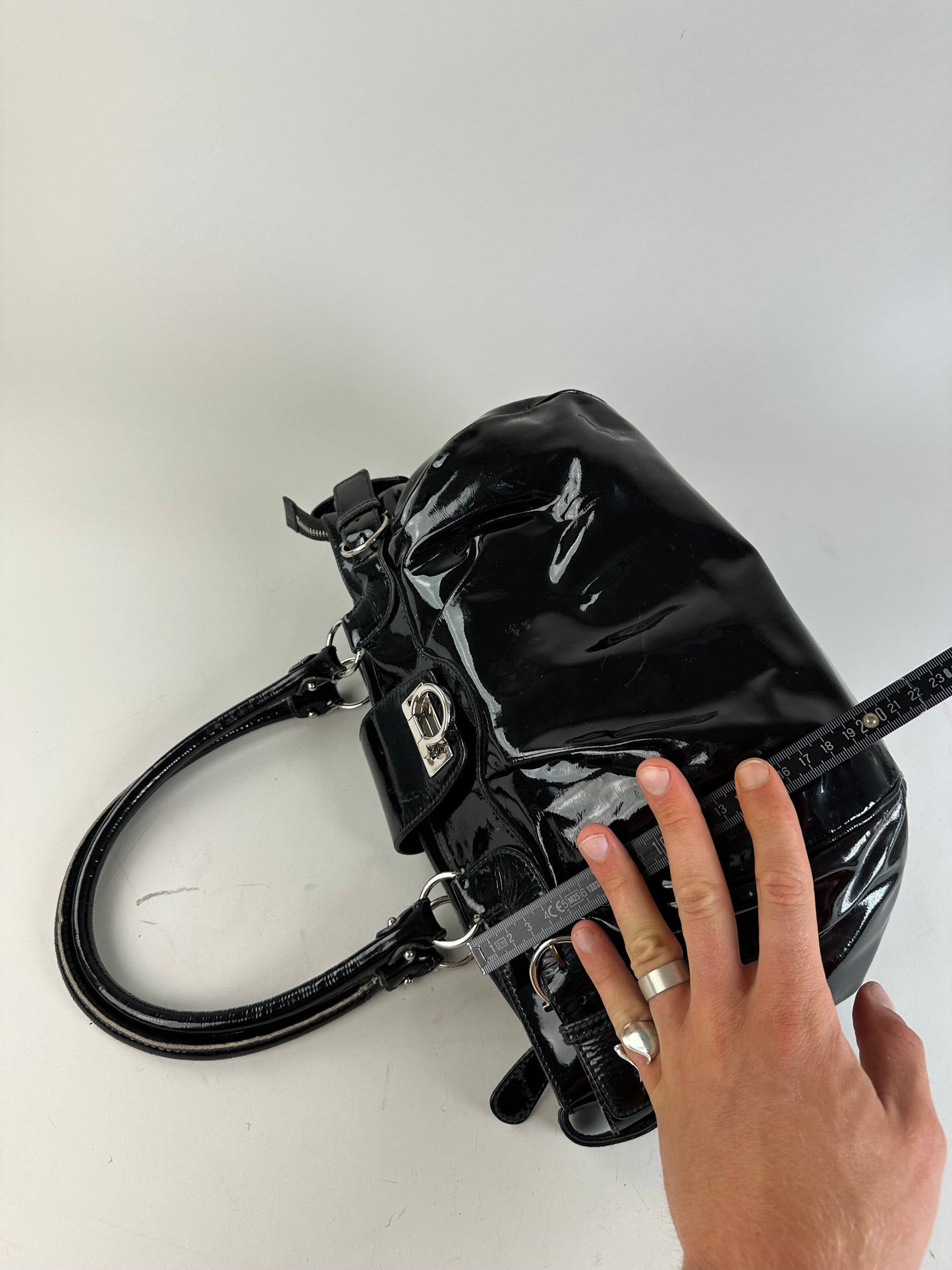 Vintage Ferragamo Sofia Patent Handbag Black Silver