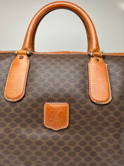 Vintage Celine Paris Triomphe Monogram Leather Duffel Bag Brown