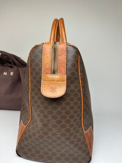 Vintage Celine Paris Triomphe Monogram Leather Duffel Bag Brown