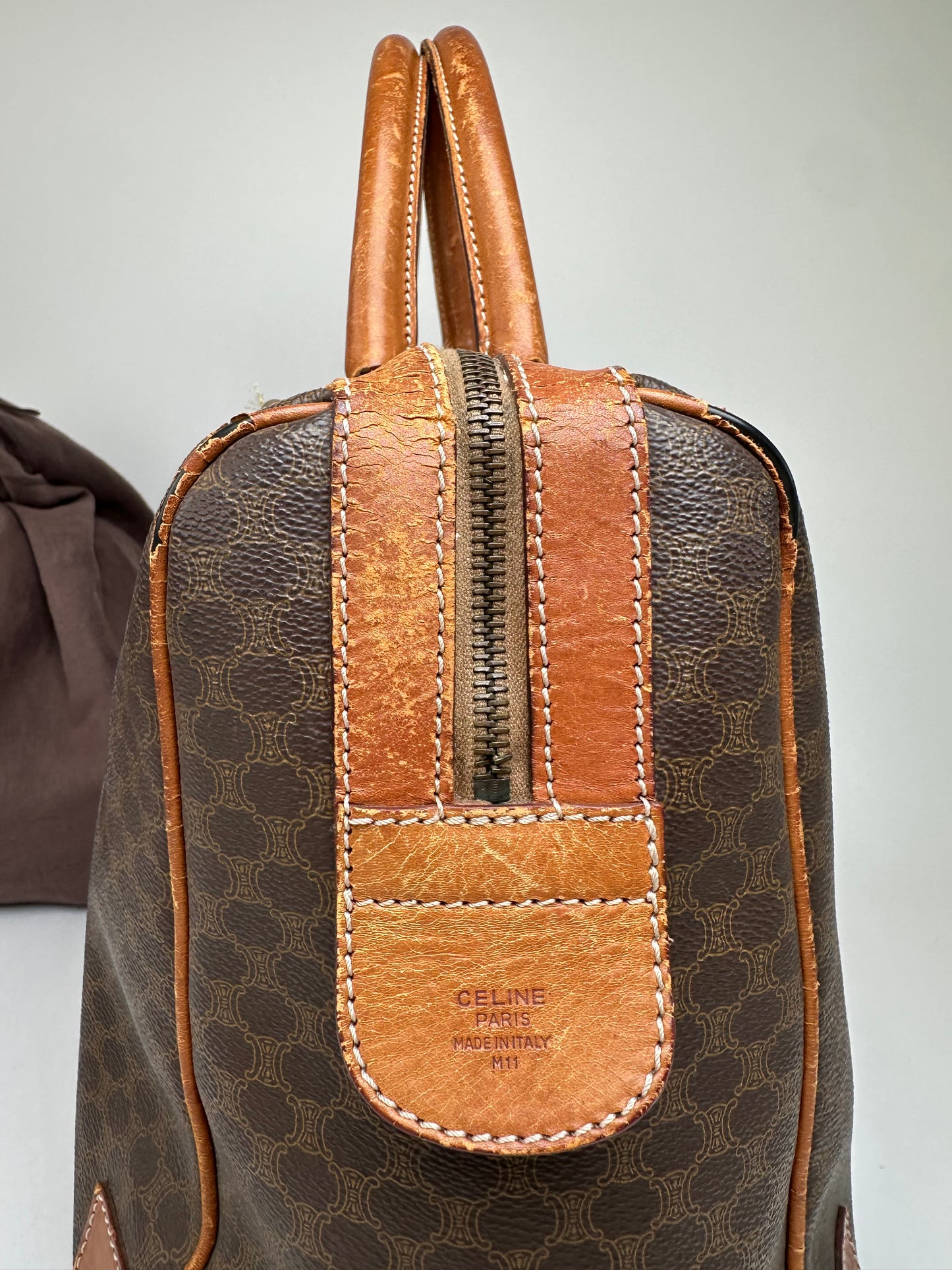 Vintage Celine Paris Triomphe Monogram Leather Duffel Bag Brown