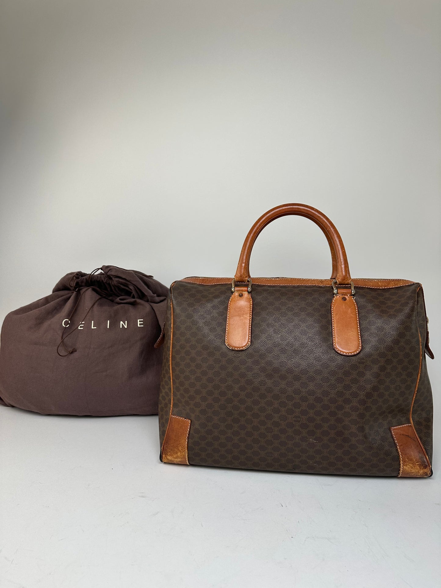 Vintage Celine Paris Triomphe Monogram Leather Duffel Bag Brown
