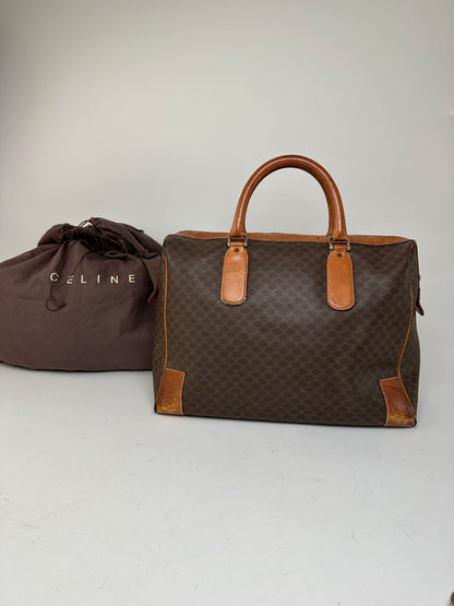 Vintage Celine Paris Triomphe Monogram Leather Duffel Bag Brown