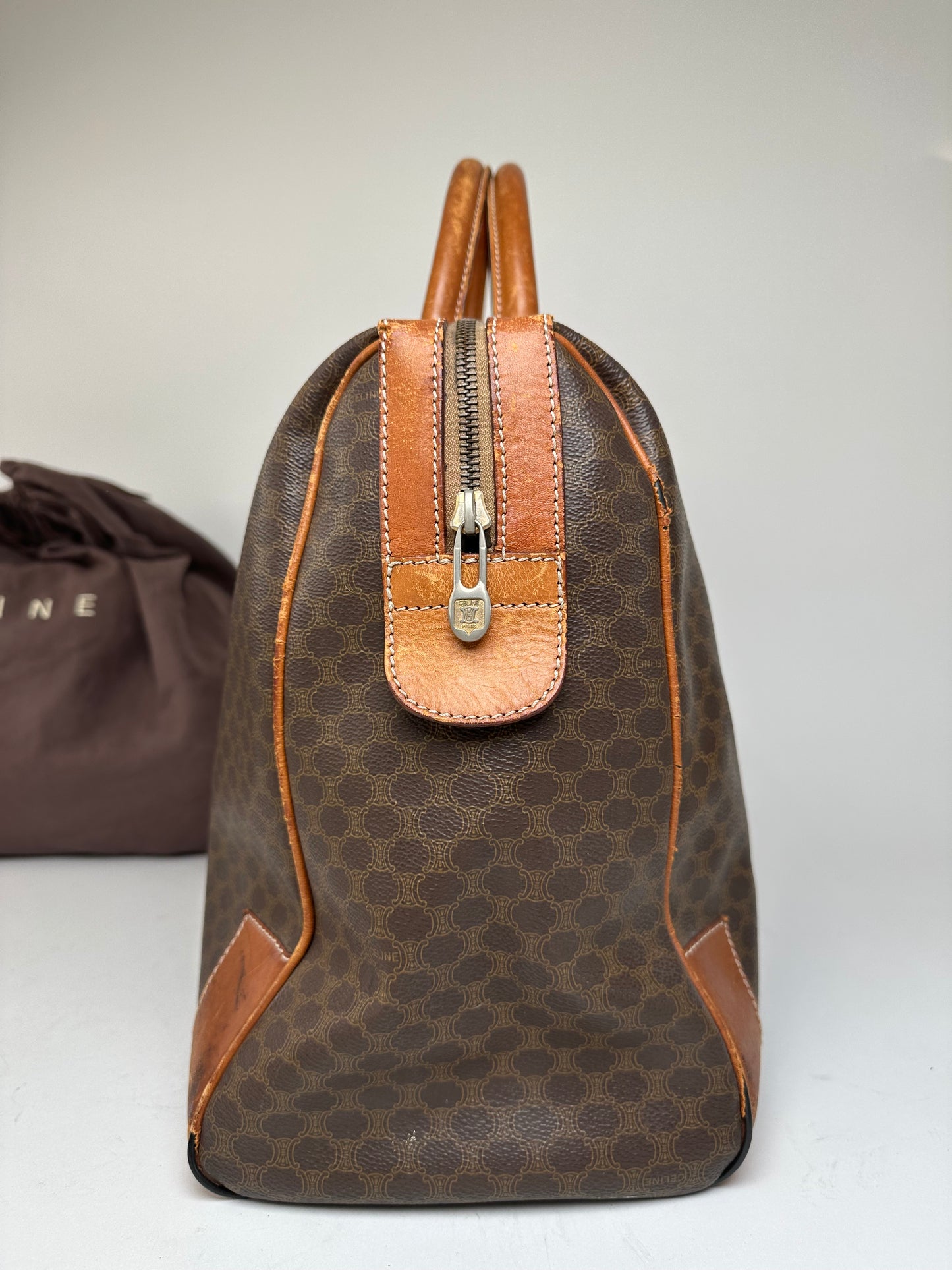 Vintage Celine Paris Triomphe Monogram Leather Duffel Bag Brown