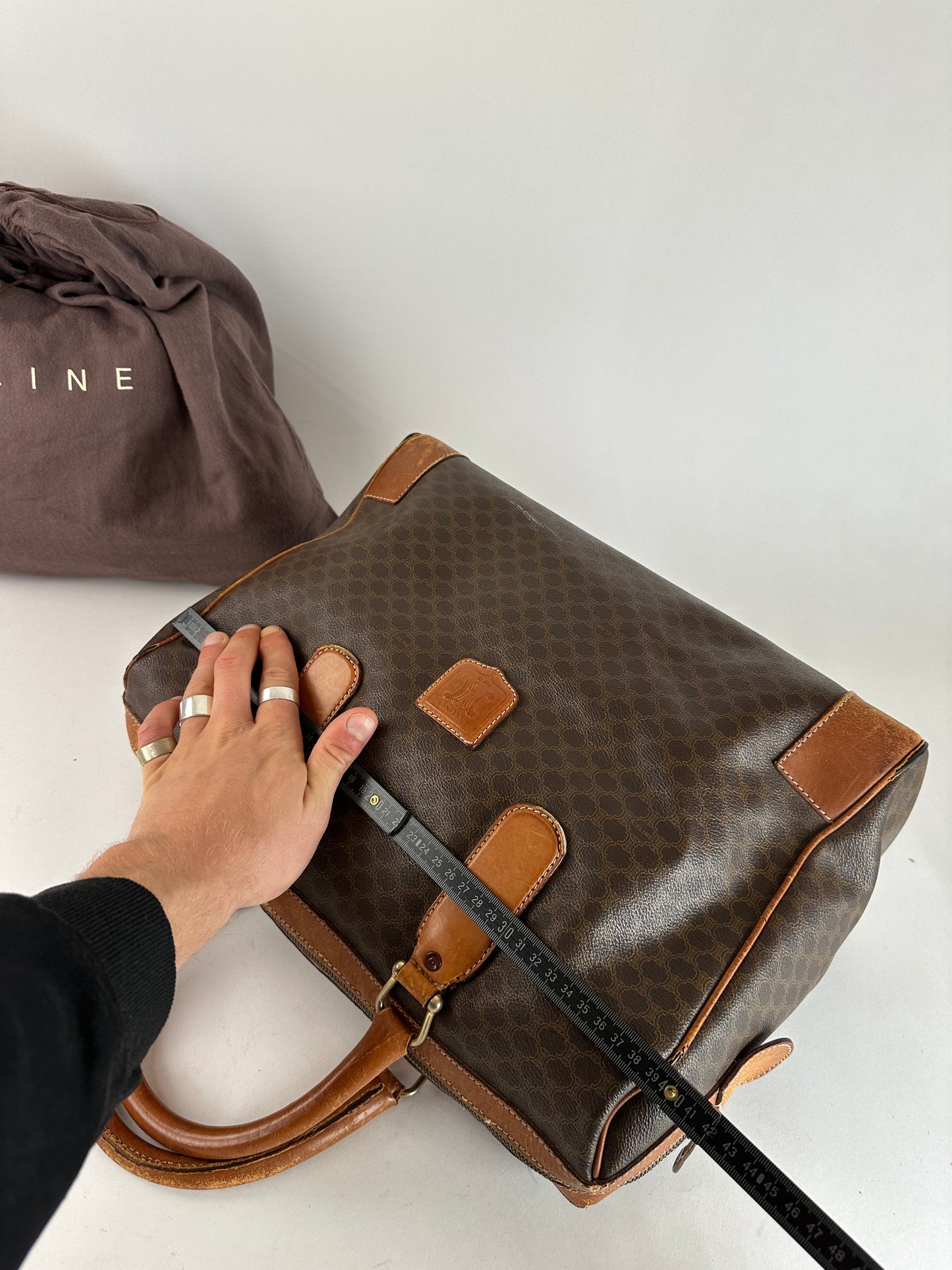 Vintage Celine Paris Triomphe Monogram Leather Duffel Bag Brown
