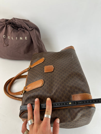Vintage Celine Paris Triomphe Monogram Leather Duffel Bag Brown