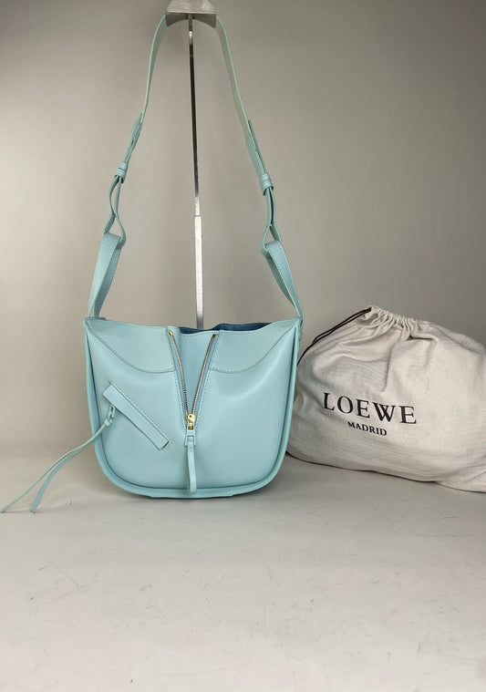 Vintage Loewe Leather Shoulder Bag Light Blue Gold Zip