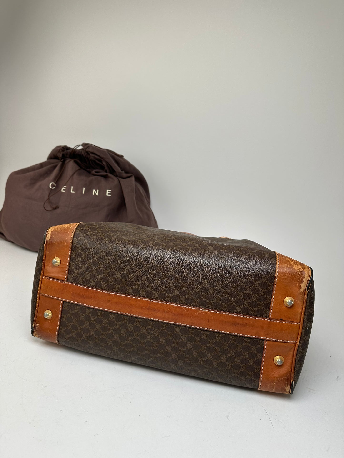 Vintage Celine Paris Triomphe Monogram Leather Duffel Bag Brown