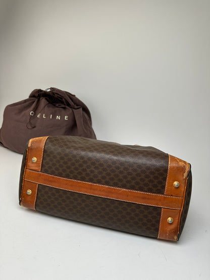Vintage Celine Paris Triomphe Monogram Leather Duffel Bag Brown