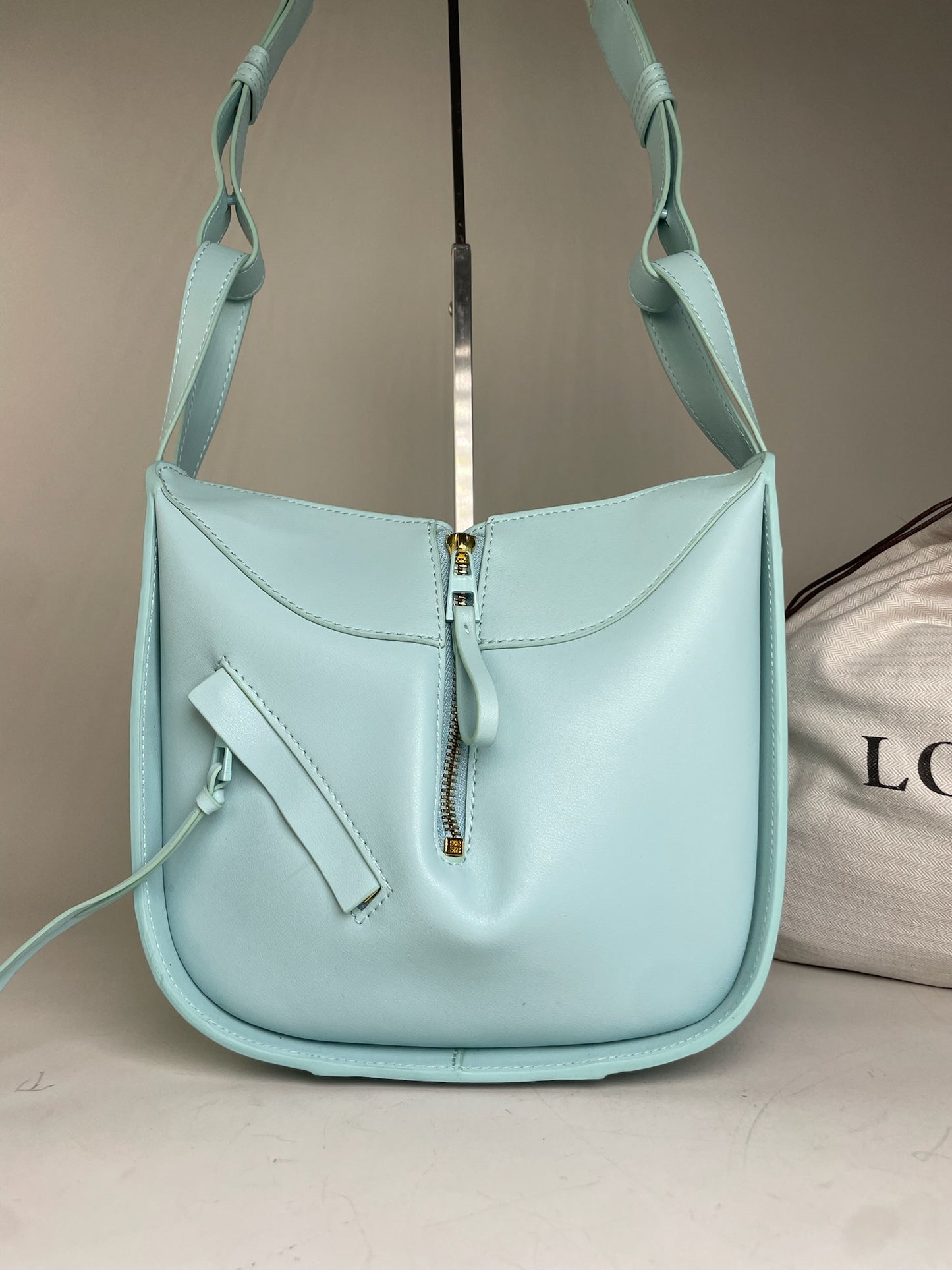 Vintage Loewe Leather Shoulder Bag Light Blue Gold Zip