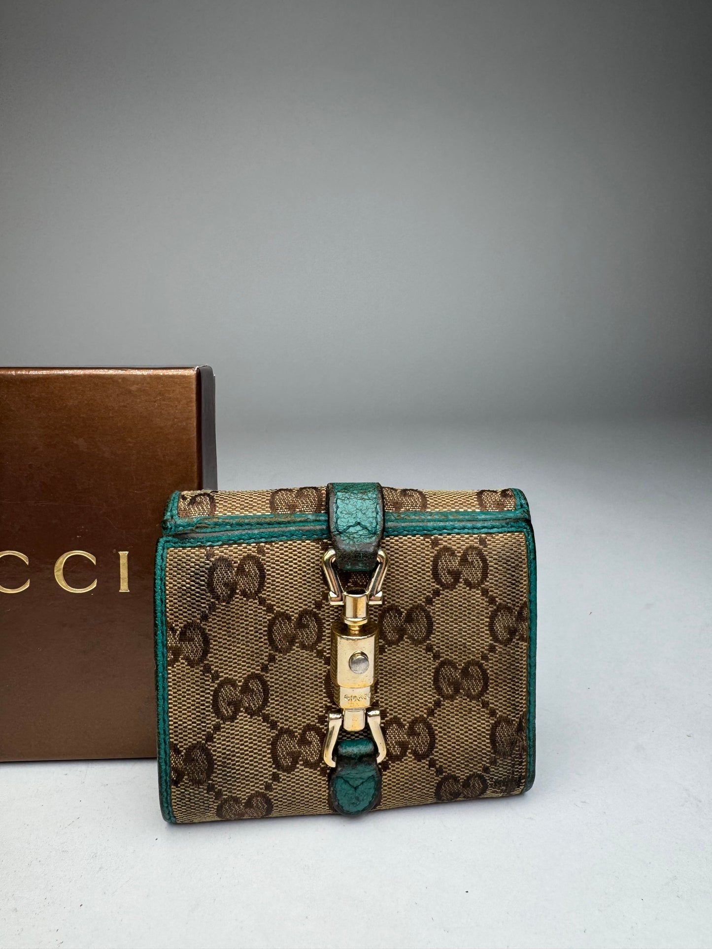 Vintage Gucci Monogram Jackie Wallet Brown Turquoise