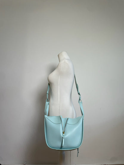 Vintage Loewe Leather Shoulder Bag Light Blue Gold Zip
