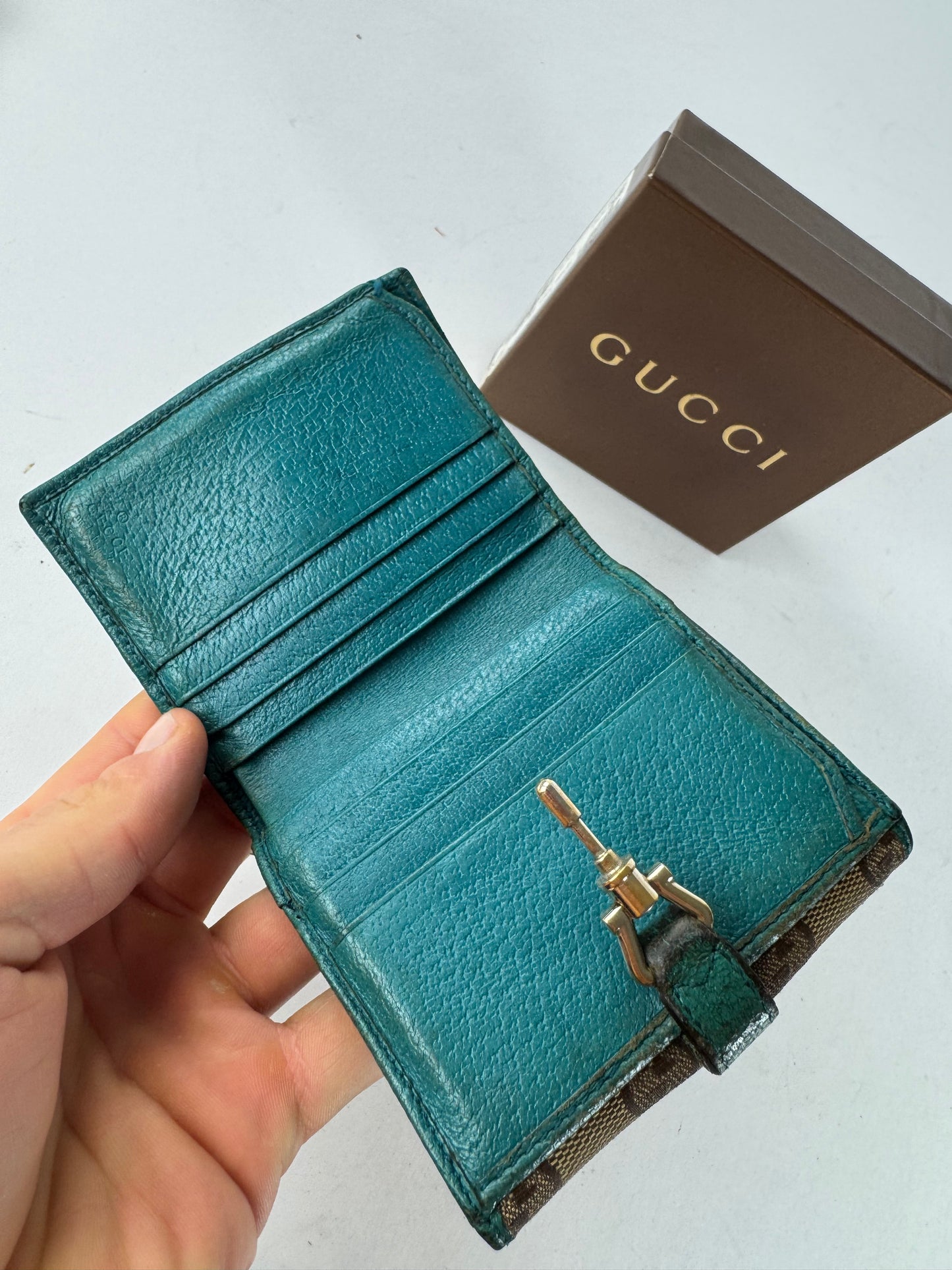 Vintage Gucci Monogram Jackie Wallet Brown Turquoise