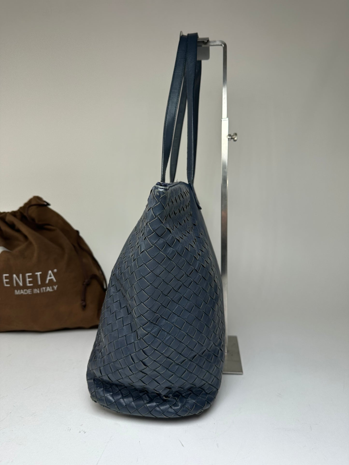 Vintage Bottega Veneta Intrecciato Nappa Leather Shoulder Tote Navy