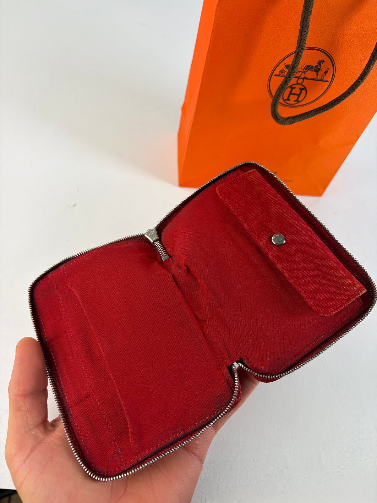 Vintage Hermès Canvas Zip Wallet Red Silver