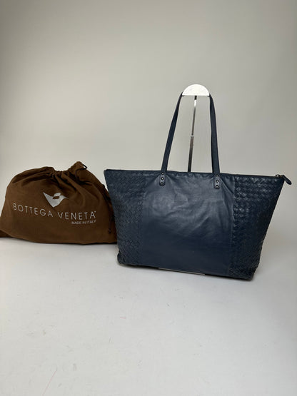 Vintage Bottega Veneta Intrecciato Nappa Leather Shoulder Tote Navy