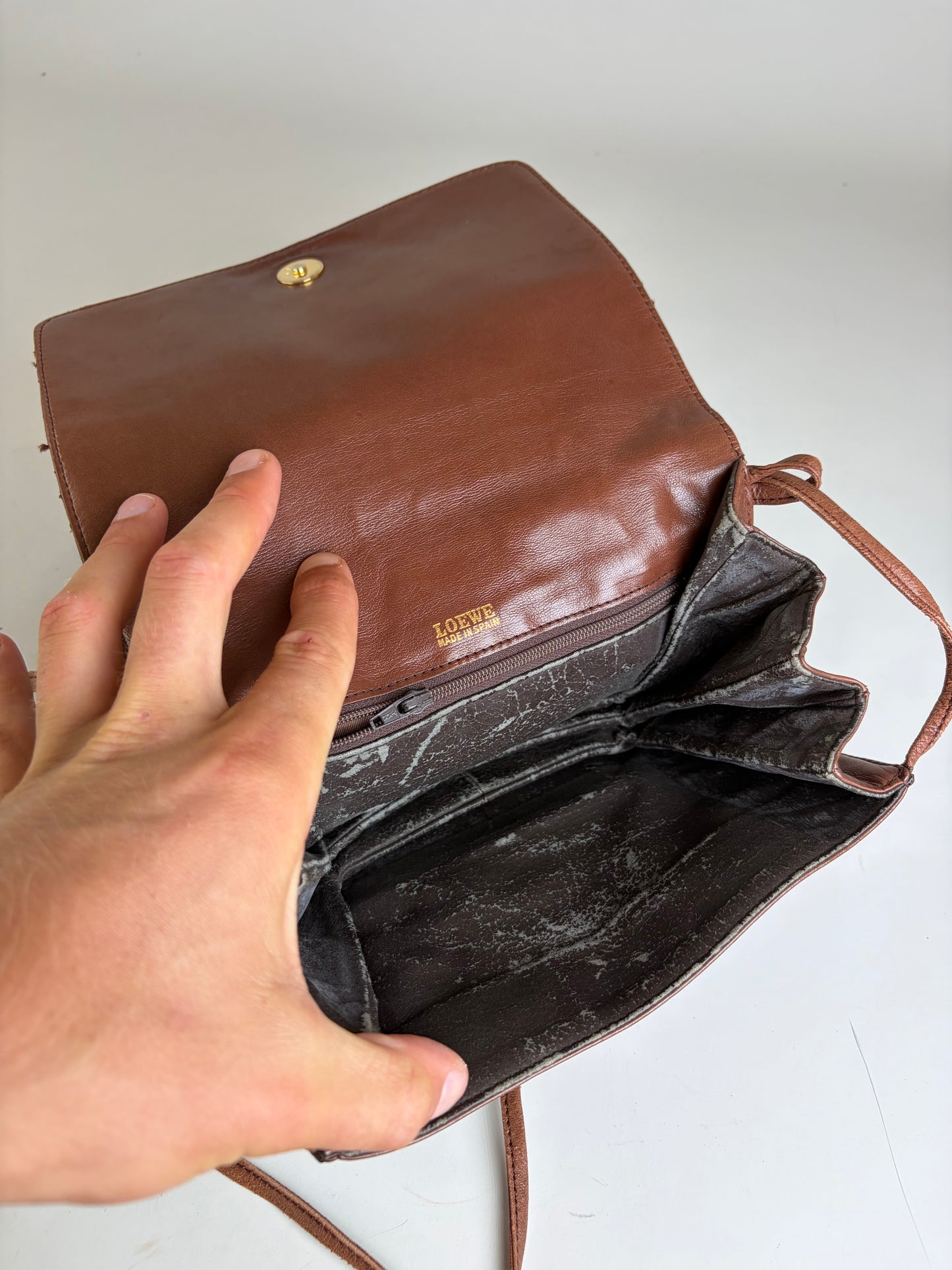 Vintage Loewe Leather Crossbody Bag Brown Gold